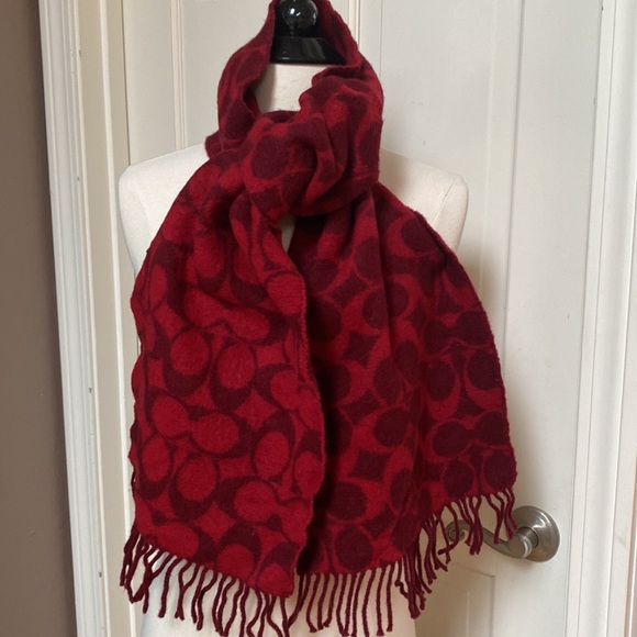 Coach Red on Red Signature Lambs Wool Scarf - Picture 8 of 9